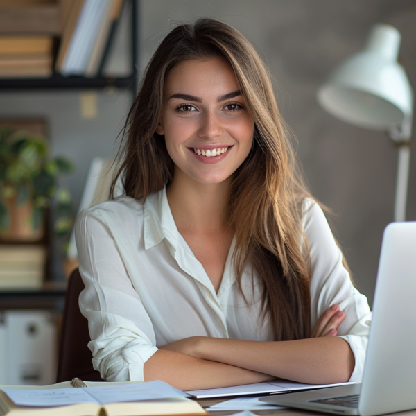 Itinai.com beautiful russian smiling woman sitting at the tab 286de3d9 9ab1 4f1a 9a51 d77653ff8c07 0