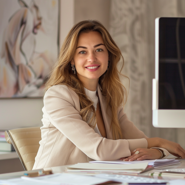 Itinai.com beautiful russian smiling woman sitting at the tab f130ab89 1f11 4f2c 8730 2f7d8cbca2b2 1