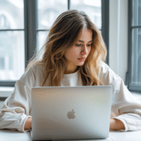 Itinai.com a beautiful girl sits at a laptop and looks at the 127e2506 ce29 4050 9a81 28146a500a91 0