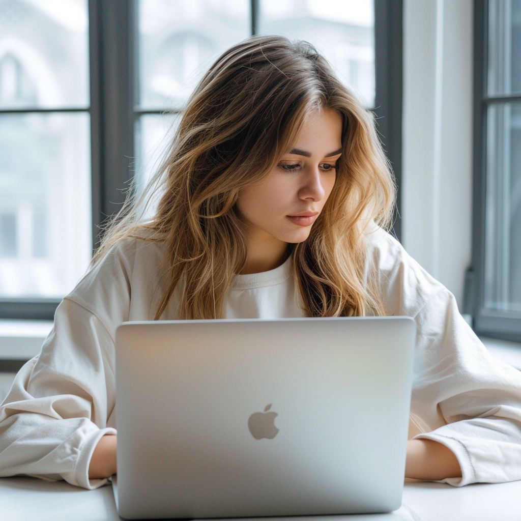 Itinai.com a beautiful girl sits at a laptop and looks at the 127e2506 ce29 4050 9a81 28146a500a91 0
